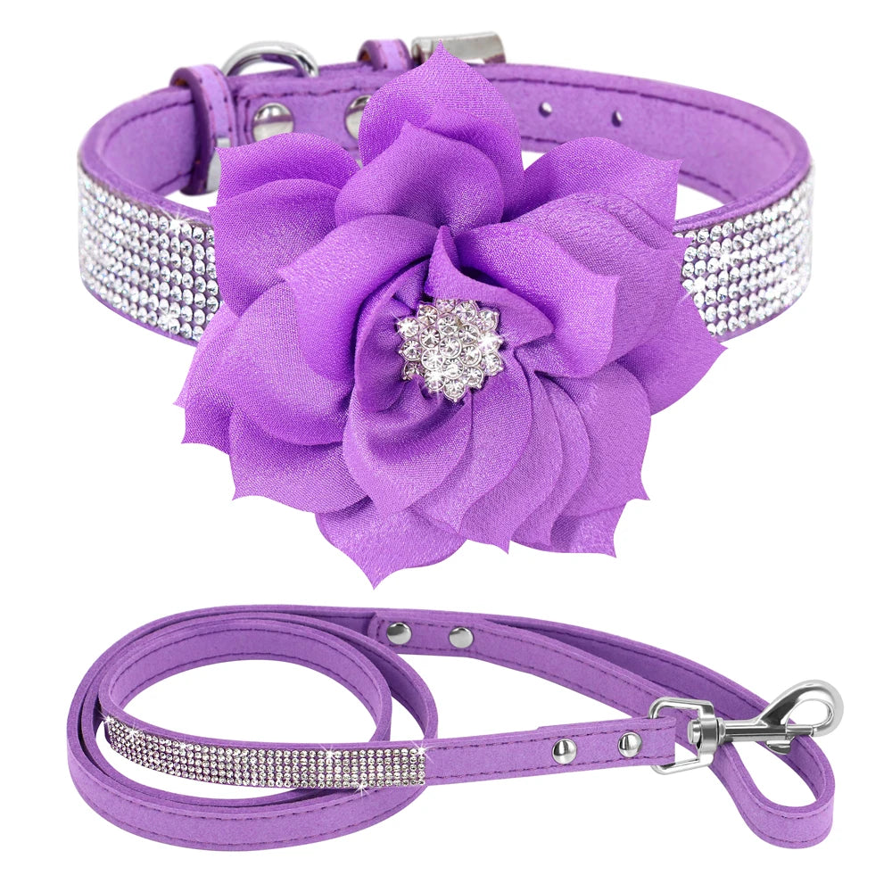 Glitter Rhinestone Dog Leather Collar Cute Floral Necklace Pet 120cm Walking Leash for Small Medium Large Dogs Chihuahua XS-L