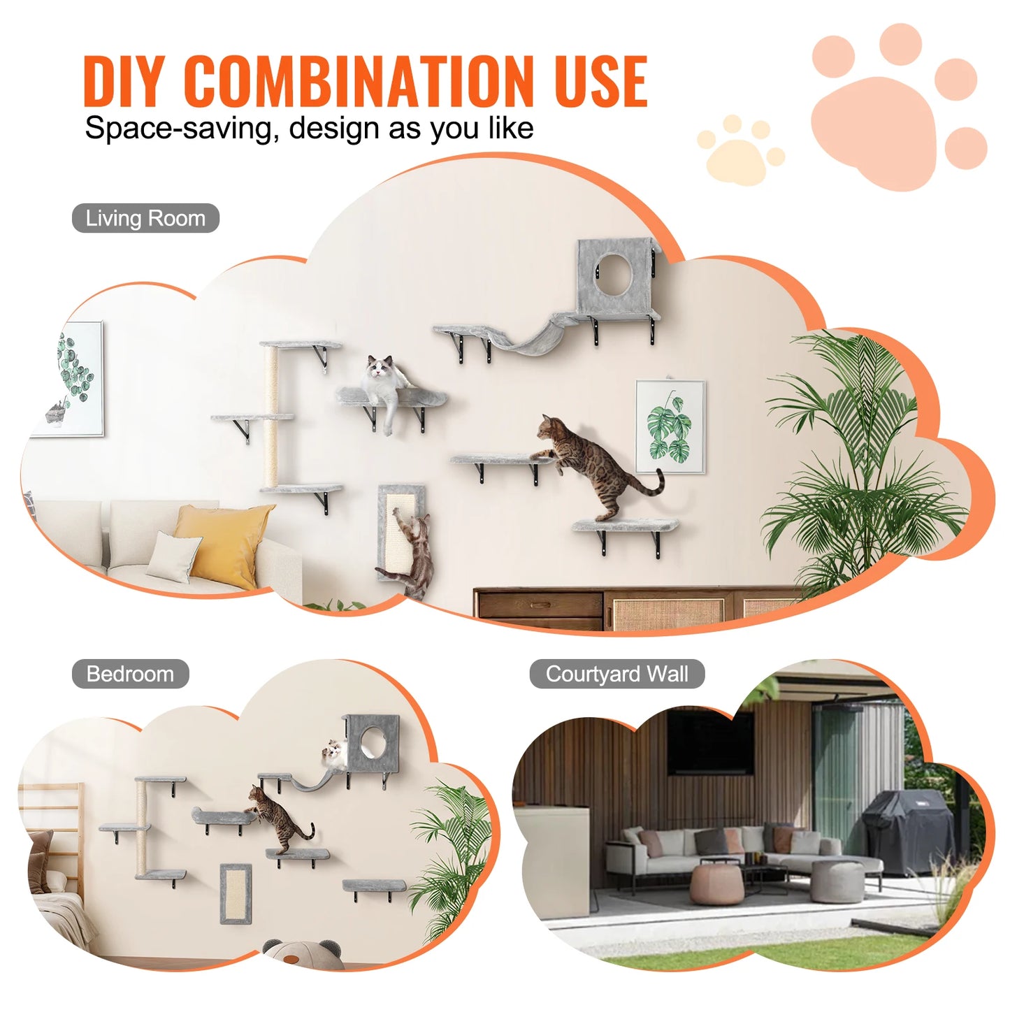 SucceBuy Wall Mounted Cat Shelves Cat Wall Shelves and Perches with Jumping Boards Cat Tree & Cat Grip Cat Furniture and Shelves