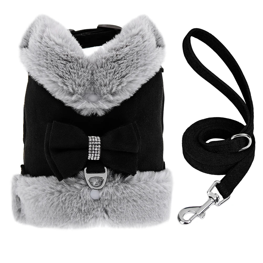 Warm Fur Puppy Dog Harness Leash Cute Bowknot Dogs Cat Harnesses Padded Pet Vest With Matching Lead Rope For Dogs Cats Winter