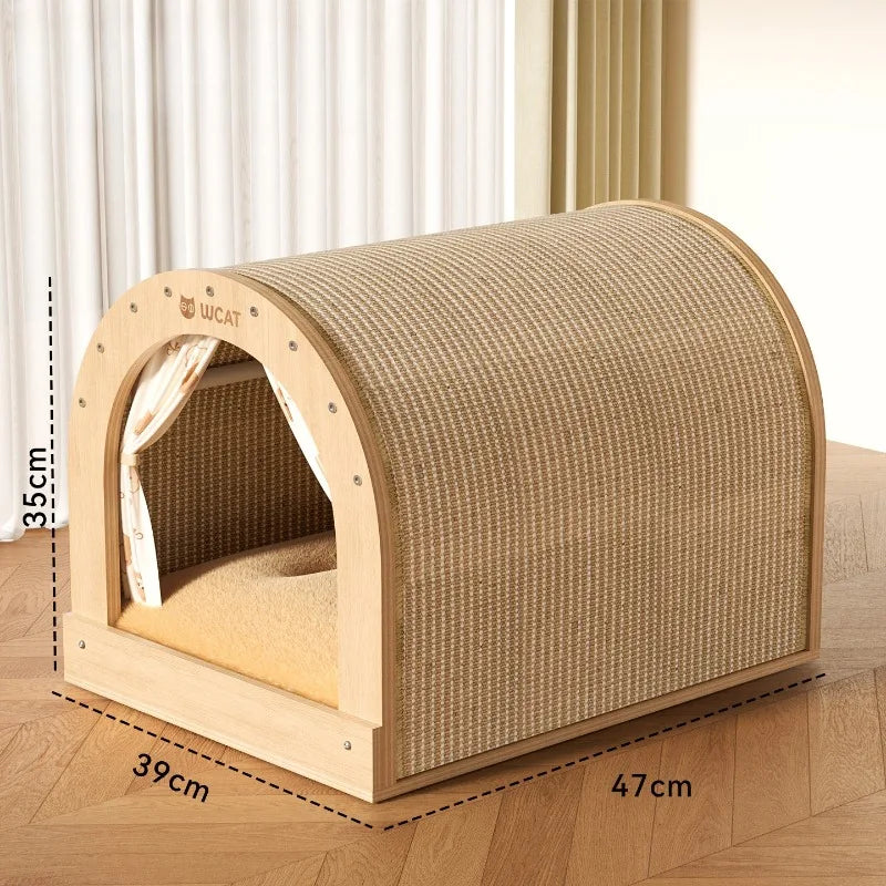 Sisal Curved Closed Cat House With Curtain All Seasons Scratcher Claw Grinding Comfortable Nest For Adult And Young Cats Daily