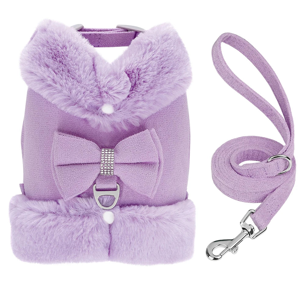 Warm Fur Puppy Dog Harness Leash Cute Bowknot Dogs Cat Harnesses Padded Pet Vest With Matching Lead Rope For Dogs Cats Winter