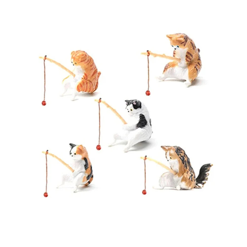 Cats Fishing Figurine Cat Sculpture Sitting Fishing Little Cute Cat Resin Ornament Decorative Furnishings For Aquarium Home