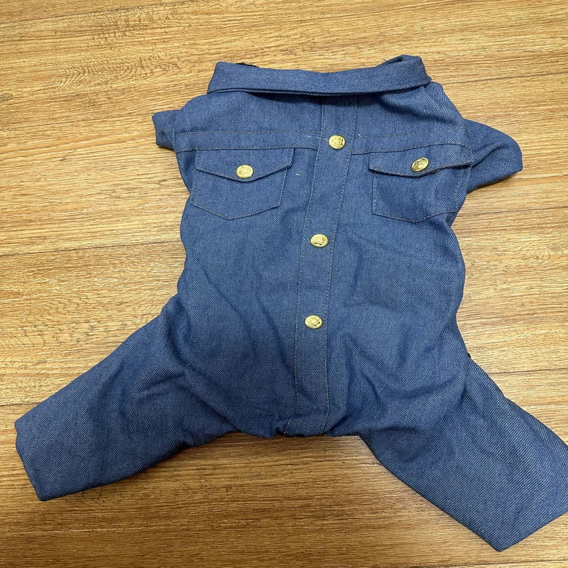 Dog Clothes Autumn Winter Four Legged Denim Pants Thickened Lapel Denim Coat Small and Medium-sized Pet Clothing