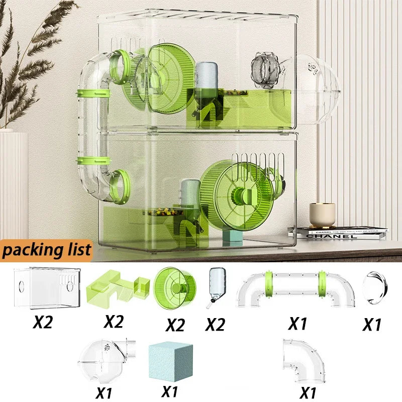 2 Level Hamster Cages Big Size Set Large Hamsters Cages Transparent House with Wheel Tunnels Hamsters Villa Bathroom Pet Product