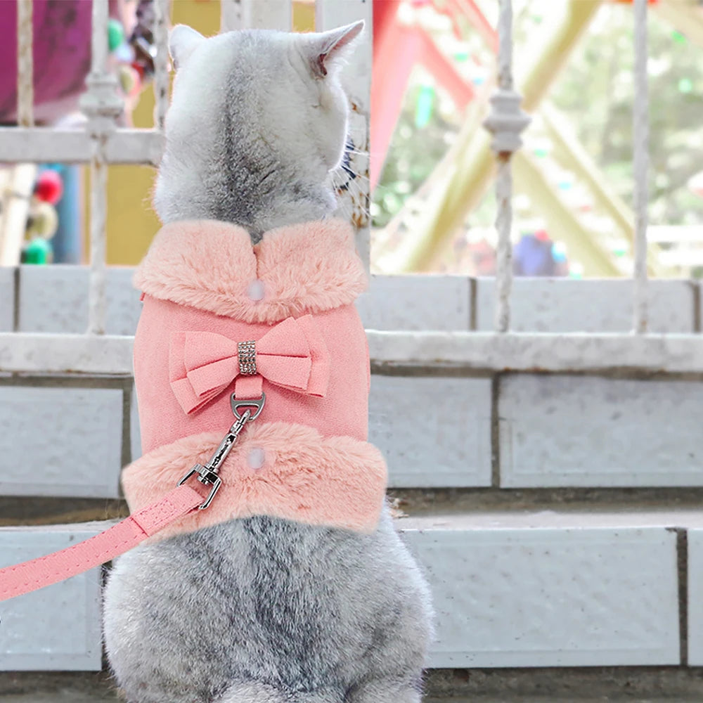 Warm Fur Puppy Dog Harness Leash Cute Bowknot Dogs Cat Harnesses Padded Pet Vest With Matching Lead Rope For Dogs Cats Winter