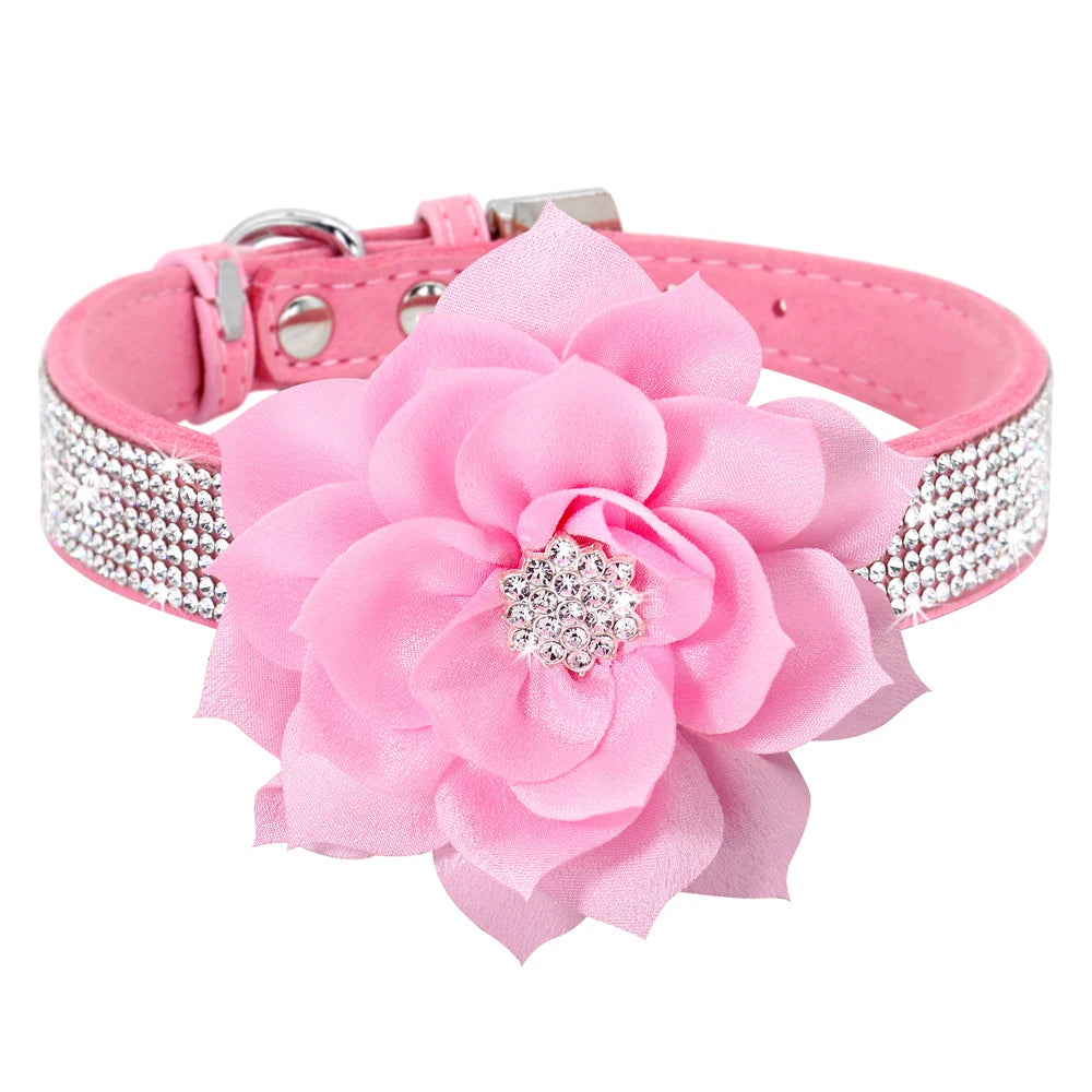 Glitter Rhinestone Dog Leather Collar Cute Floral Necklace Pet 120cm Walking Leash for Small Medium Large Dogs Chihuahua XS-L