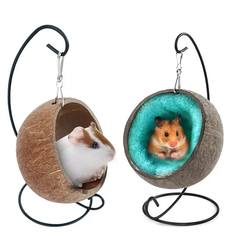 Hamster Coconut Beds Natural Coconut Hamsters Hideout Hammock Suspension Husk Hamsters Bed House With Warm Pad Small Animals