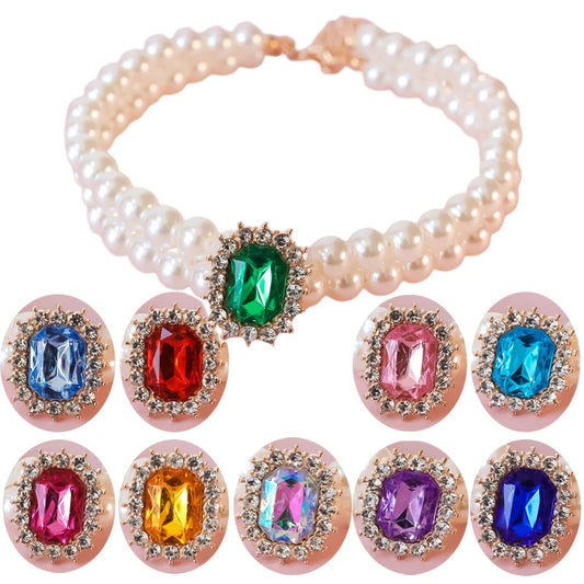 Dog Pearl Collar Necklaces Luxury Bling Rhinestones Wedding Collar Crystal Jewelry for Dogs Cat Clothes Costume Pet Accessories