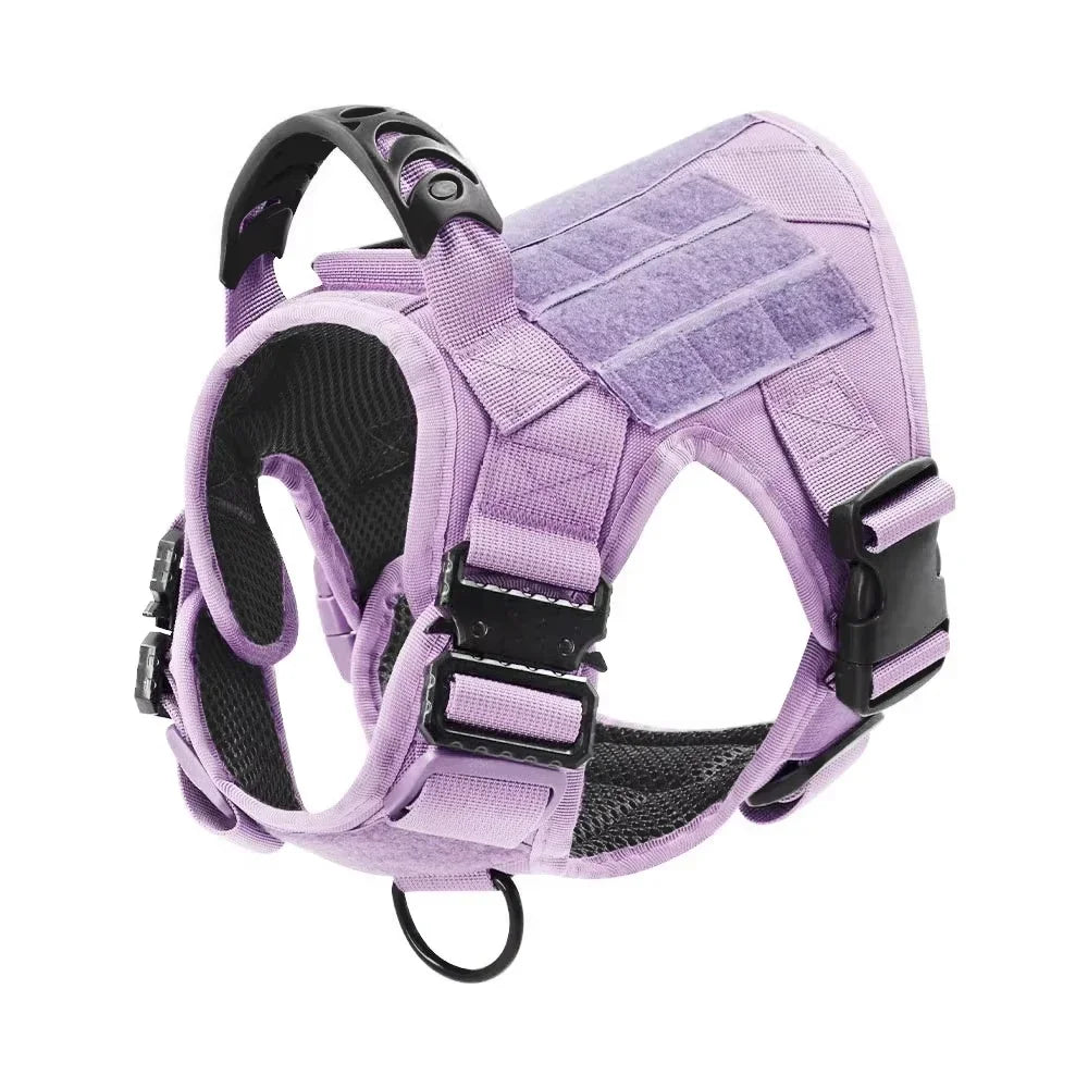 Purple Tactical Dog Harness Military Pet Vest with Leash Collar and 12 Patches for Large Dogs German Shepherd Outdoor Training