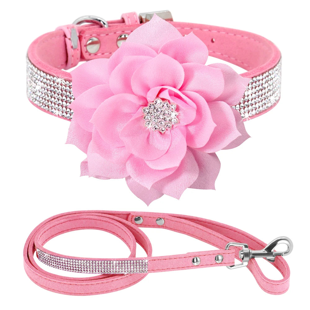 Glitter Rhinestone Dog Leather Collar Cute Floral Necklace Pet 120cm Walking Leash for Small Medium Large Dogs Chihuahua XS-L