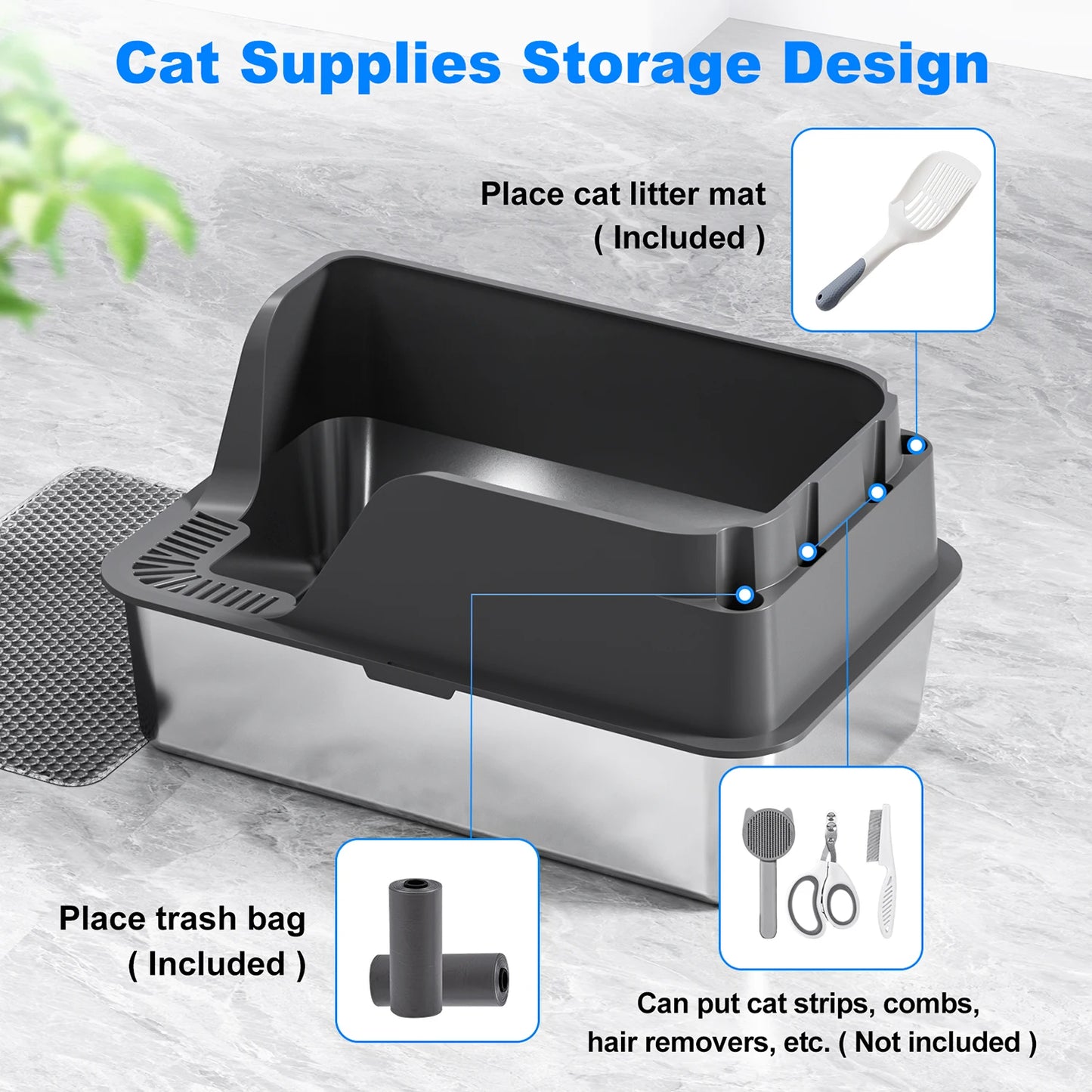 Stainless Steel Cat Litter Box,  Extra Large Splash-proof & Leak-proof Litter Box Suitable for Large Cats