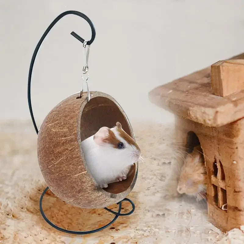 Hamster Coconut Beds Natural Coconut Hamsters Hideout Hammock Suspension Husk Hamsters Bed House With Warm Pad Small Animals
