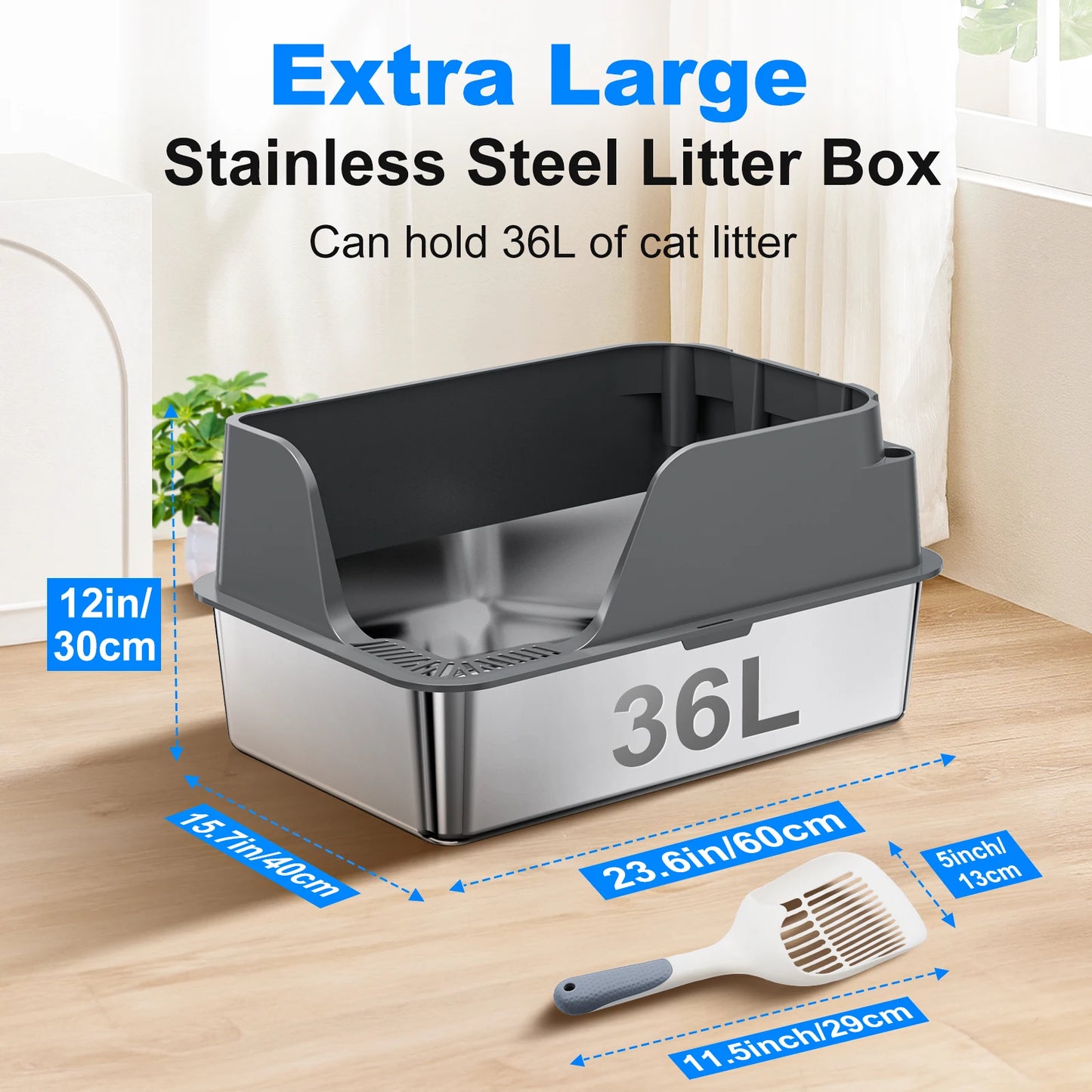 Stainless Steel Cat Litter Box,  Extra Large Splash-proof & Leak-proof Litter Box Suitable for Large Cats