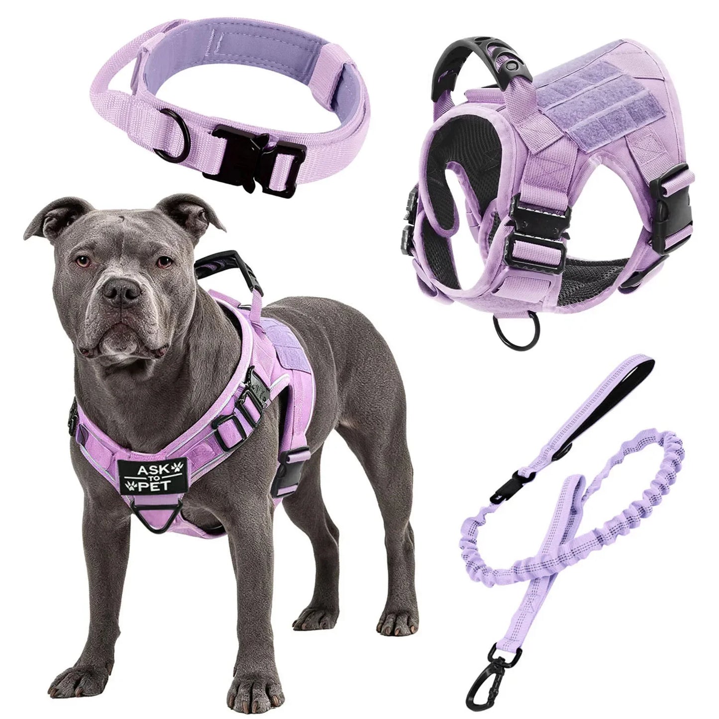 Purple Tactical Dog Harness Military Pet Vest with Leash Collar and 12 Patches for Large Dogs German Shepherd Outdoor Training