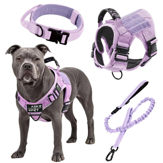 Purple Tactical Dog Harness Military Pet Vest with Leash Collar and 12 Patches for Large Dogs German Shepherd Outdoor Training