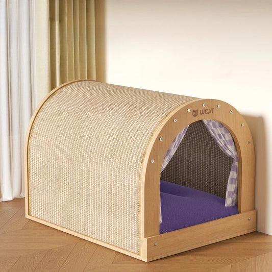 Sisal Curved Closed Cat House With Curtain All Seasons Scratcher Claw Grinding Comfortable Nest For Adult And Young Cats Daily