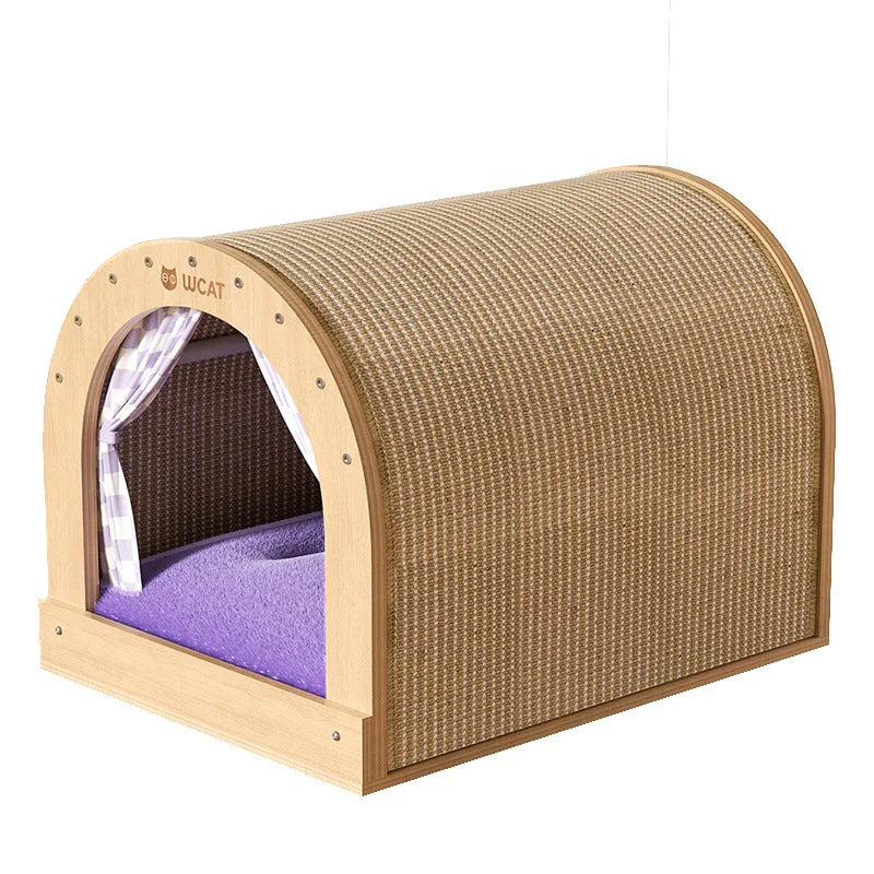 Sisal Curved Closed Cat House With Curtain All Seasons Scratcher Claw Grinding Comfortable Nest For Adult And Young Cats Daily
