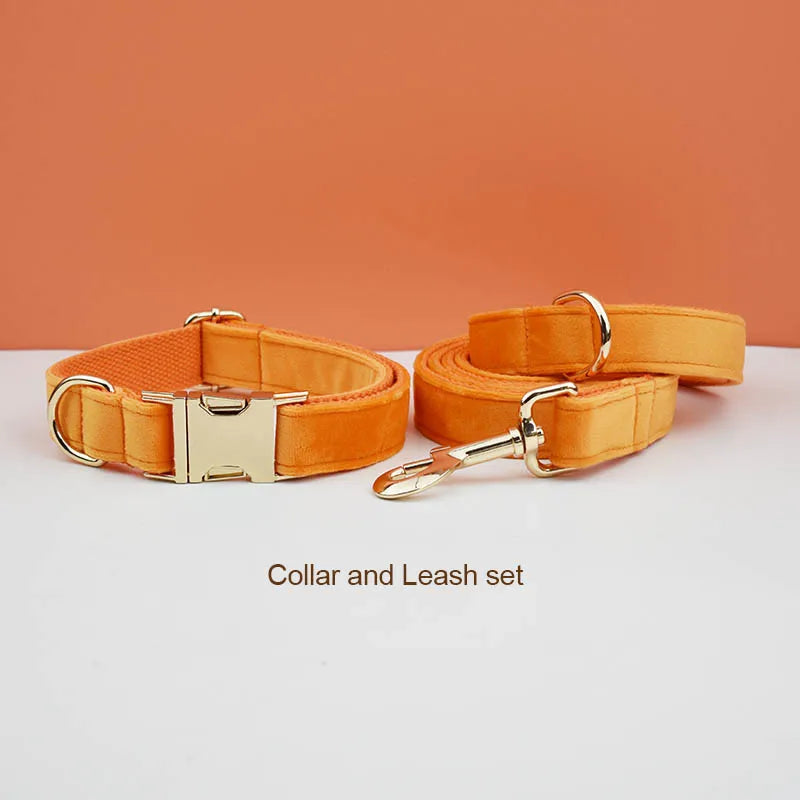 Orange Velvet Dog Collar And Leash Set For Dogs Custom Engraved Nameplate Pet Supplies Dog Leash Velvet 41