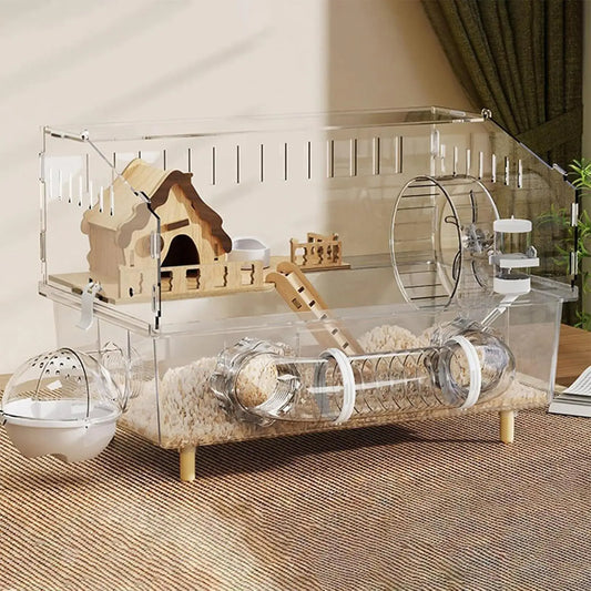 Hamster Cage 2-Layer Clear Acrylic Pet Habitats Hamster Enclosure for Indoor Outdoor Home Yard Breeding Observation Pet Shop