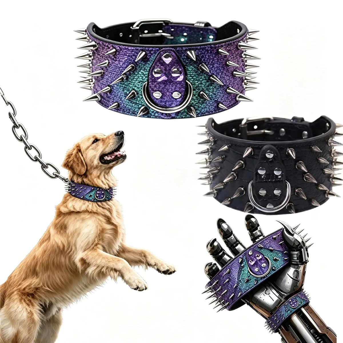 Anti-Bite PU Leather Dog Collar with Studded Reinforcement Heavy-Duty Spiked DecorativePet Collar for Large Aggressive Chewers