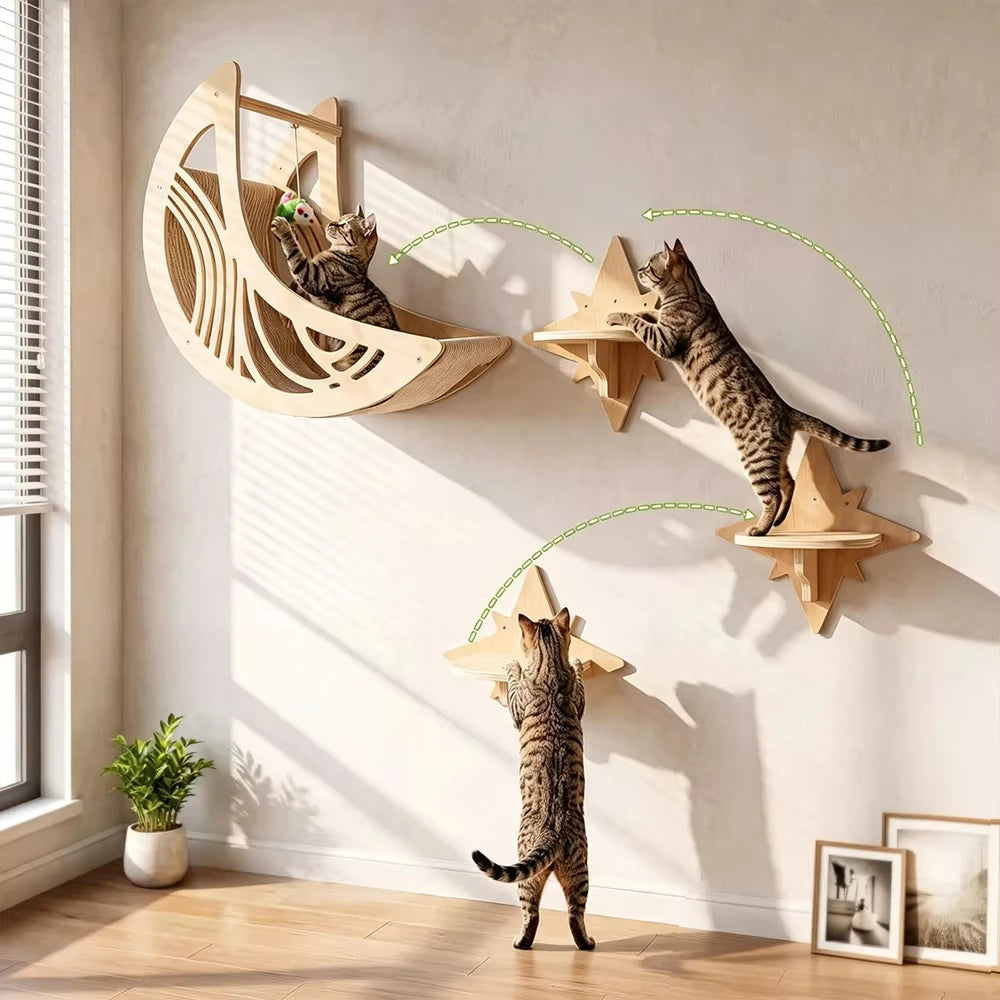 Wall Mounted Cat Shelves Set Moon Shape Hammock Star Perches Climbing Steps Cat Furniture For Kitten Cats Indoor Rest Playing Sleeping