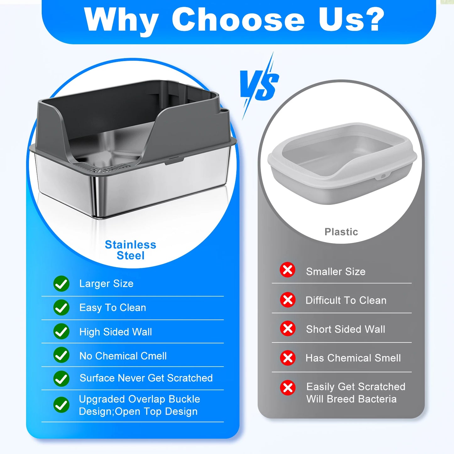 Stainless Steel Cat Litter Box,  Extra Large Splash-proof & Leak-proof Litter Box Suitable for Large Cats