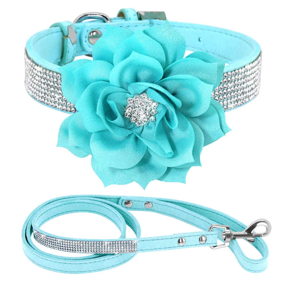 Glitter Rhinestone Dog Leather Collar Cute Floral Necklace Pet 120cm Walking Leash for Small Medium Large Dogs Chihuahua XS-L