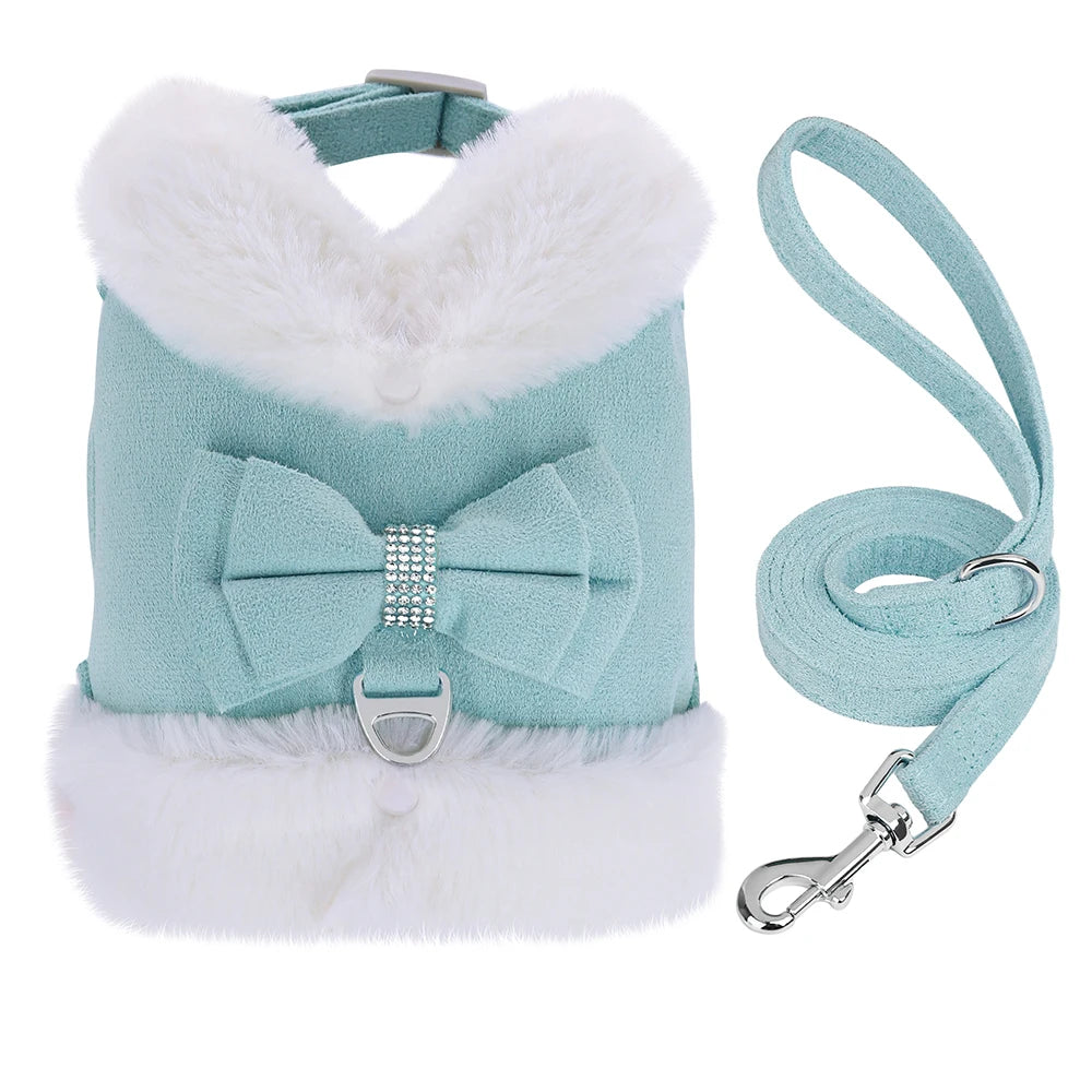 Warm Fur Puppy Dog Harness Leash Cute Bowknot Dogs Cat Harnesses Padded Pet Vest With Matching Lead Rope For Dogs Cats Winter