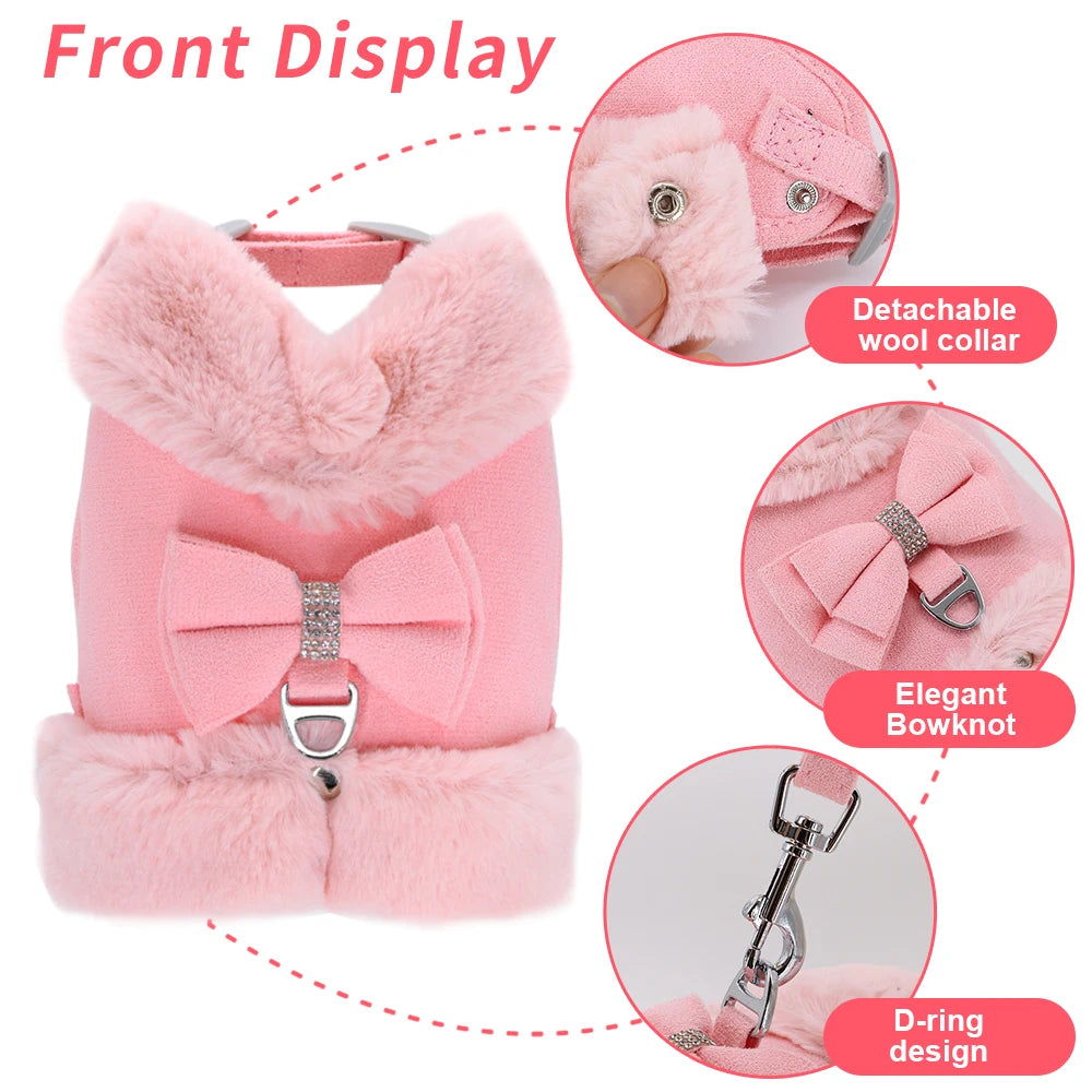 Warm Fur Puppy Dog Harness Leash Cute Bowknot Dogs Cat Harnesses Padded Pet Vest With Matching Lead Rope For Dogs Cats Winter