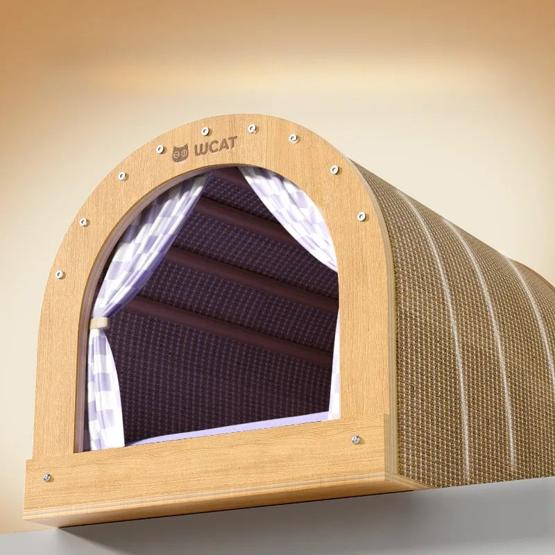 Sisal Curved Closed Cat House With Curtain All Seasons Scratcher Claw Grinding Comfortable Nest For Adult And Young Cats Daily