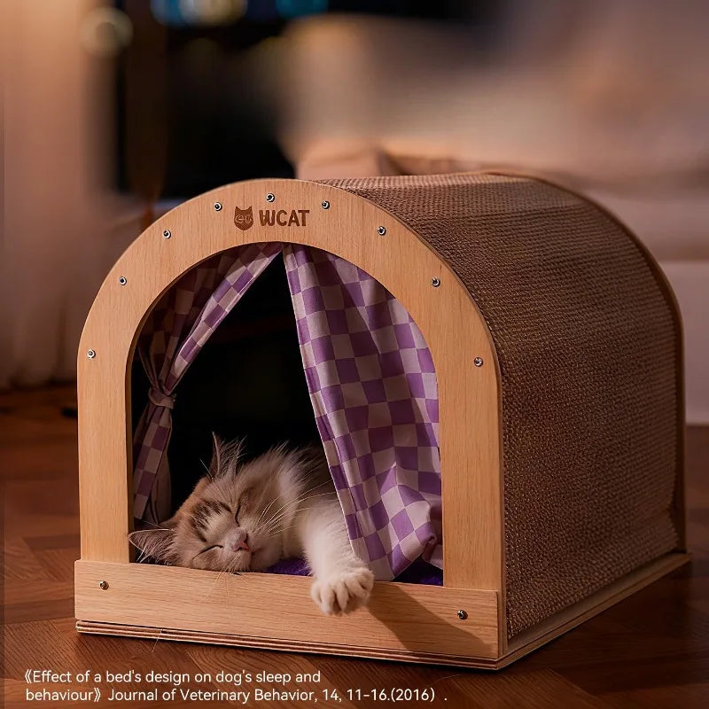 Sisal Curved Closed Cat House With Curtain All Seasons Scratcher Claw Grinding Comfortable Nest For Adult And Young Cats Daily