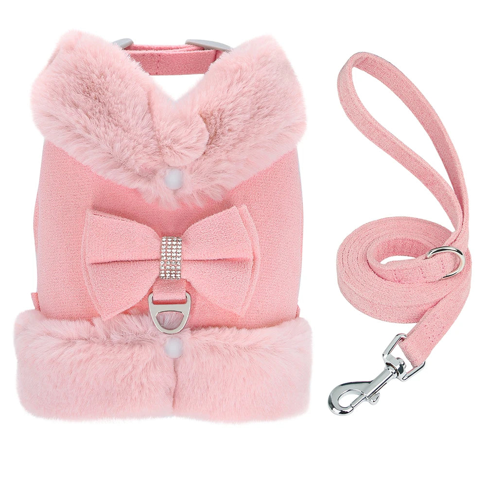 Warm Fur Puppy Dog Harness Leash Cute Bowknot Dogs Cat Harnesses Padded Pet Vest With Matching Lead Rope For Dogs Cats Winter