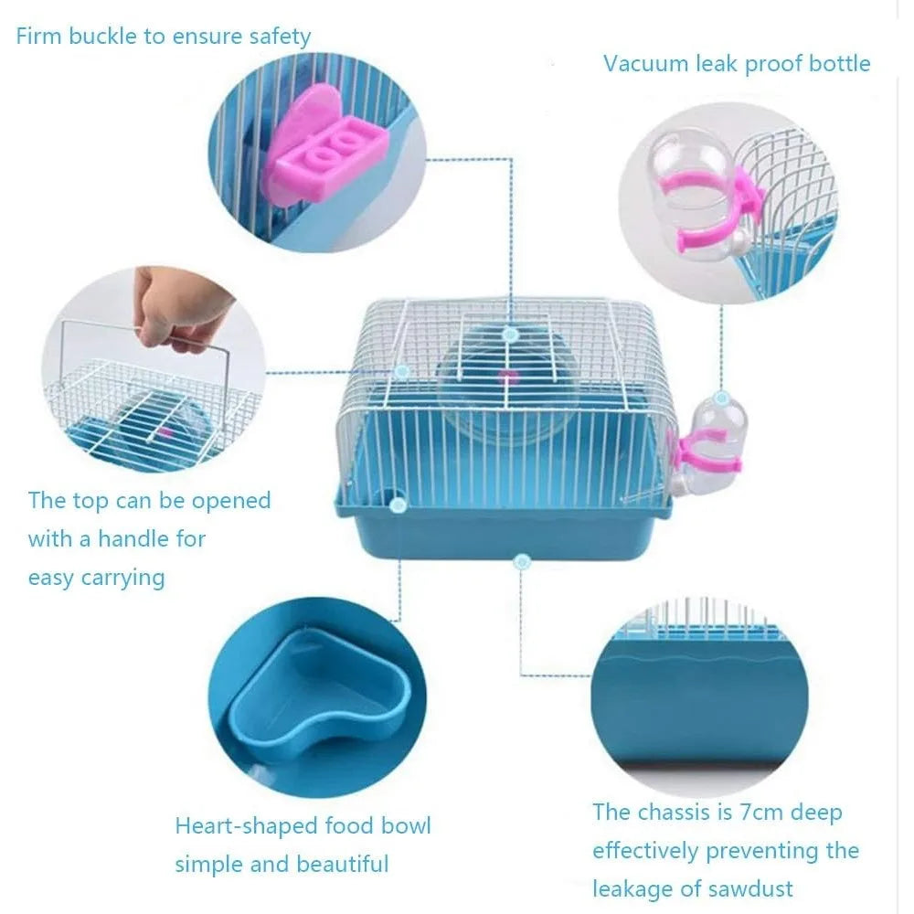Pet Hamster Cage with Running Wheel Water Bottle Food Basin Portable Carrier House Mice Home Habitat for Going Out, Traveling