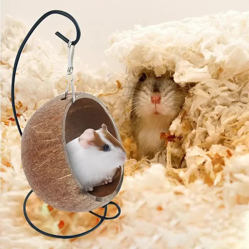 Hamster Coconut Beds Natural Coconut Hamsters Hideout Hammock Suspension Husk Hamsters Bed House With Warm Pad Small Animals