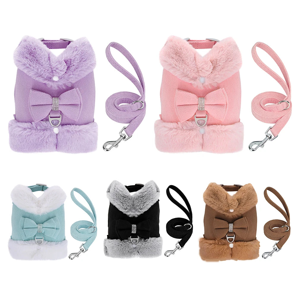 Warm Fur Puppy Dog Harness Leash Cute Bowknot Dogs Cat Harnesses Padded Pet Vest With Matching Lead Rope For Dogs Cats Winter