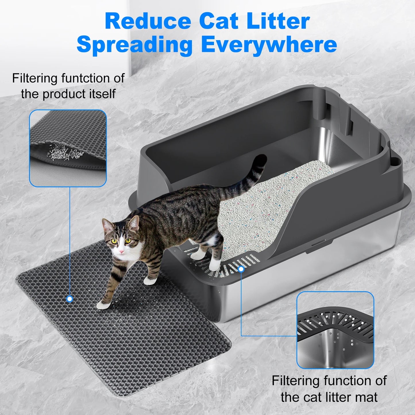 Stainless Steel Cat Litter Box,  Extra Large Splash-proof & Leak-proof Litter Box Suitable for Large Cats
