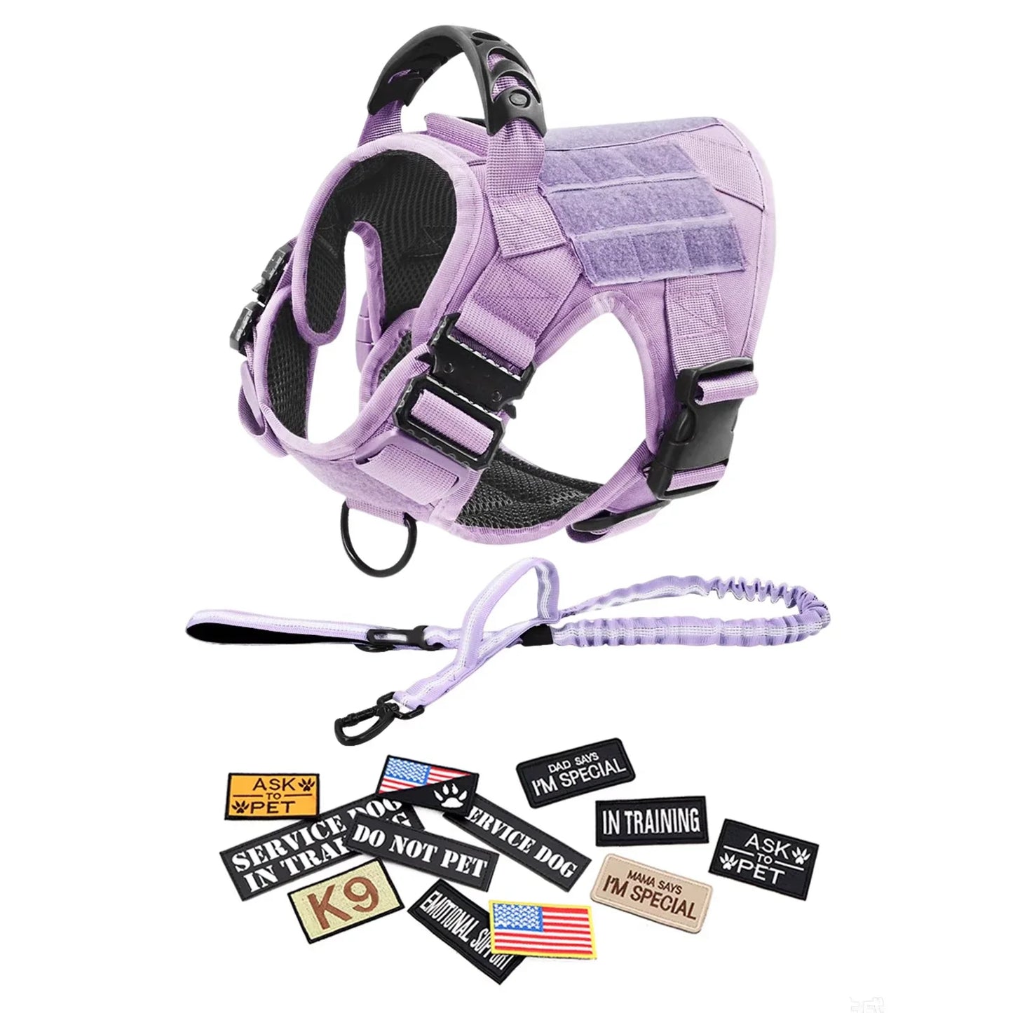 Purple Tactical Dog Harness Military Pet Vest with Leash Collar and 12 Patches for Large Dogs German Shepherd Outdoor Training
