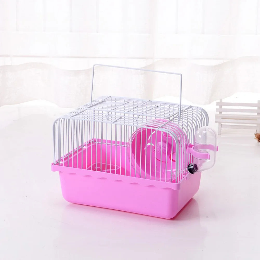 Pet Hamster Cage with Running Wheel Water Bottle Food Basin Portable Carrier House Mice Home Habitat for Going Out, Traveling