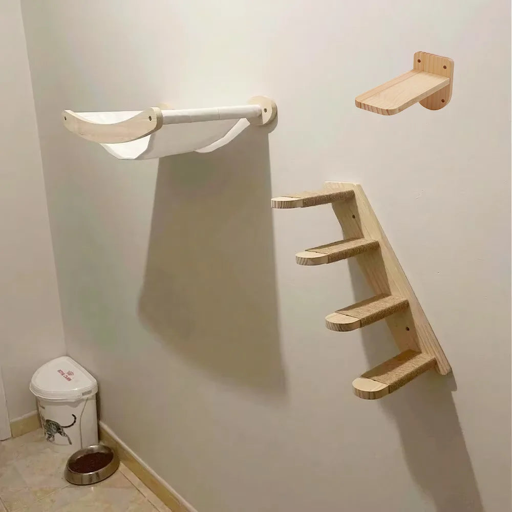 Cat Hammock and Stairway with Sisal Rope Wall Mounted Climbing Shelf Scratching Grinding Claws Toy for Kitten Cats Furniture