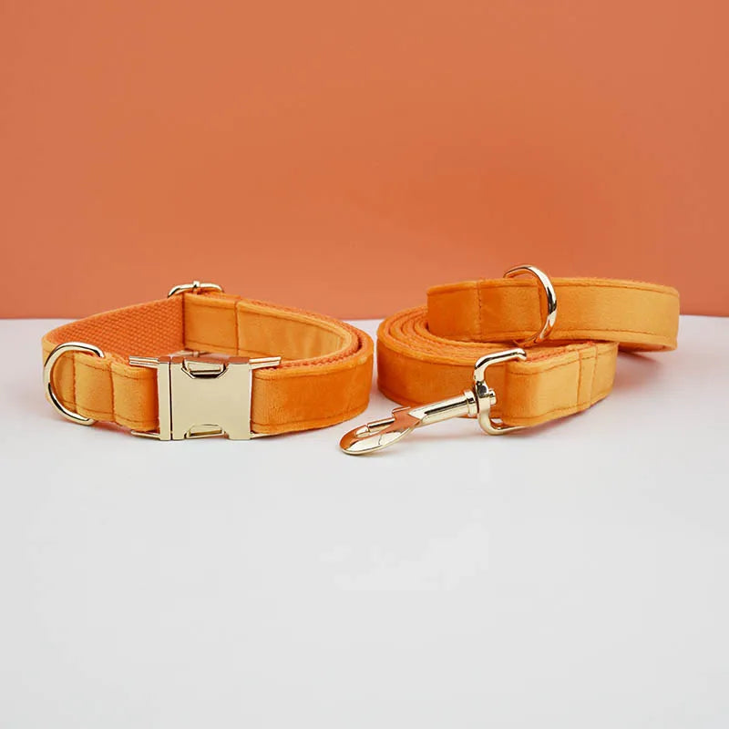 Orange Velvet Dog Collar And Leash Set For Dogs Custom Engraved Nameplate Pet Supplies Dog Leash Velvet 41