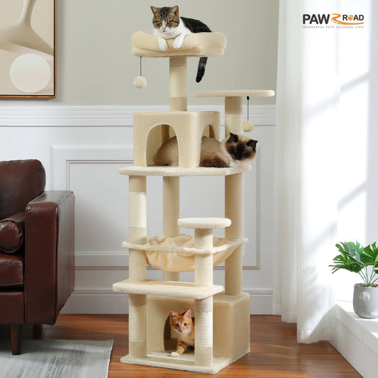 6-levels Cat Tree Tower with Joyful Pompom,Cozy Hammock,Double Condos,2 Top Perches,5 Scratching Posts Perfect for Indoor Cats