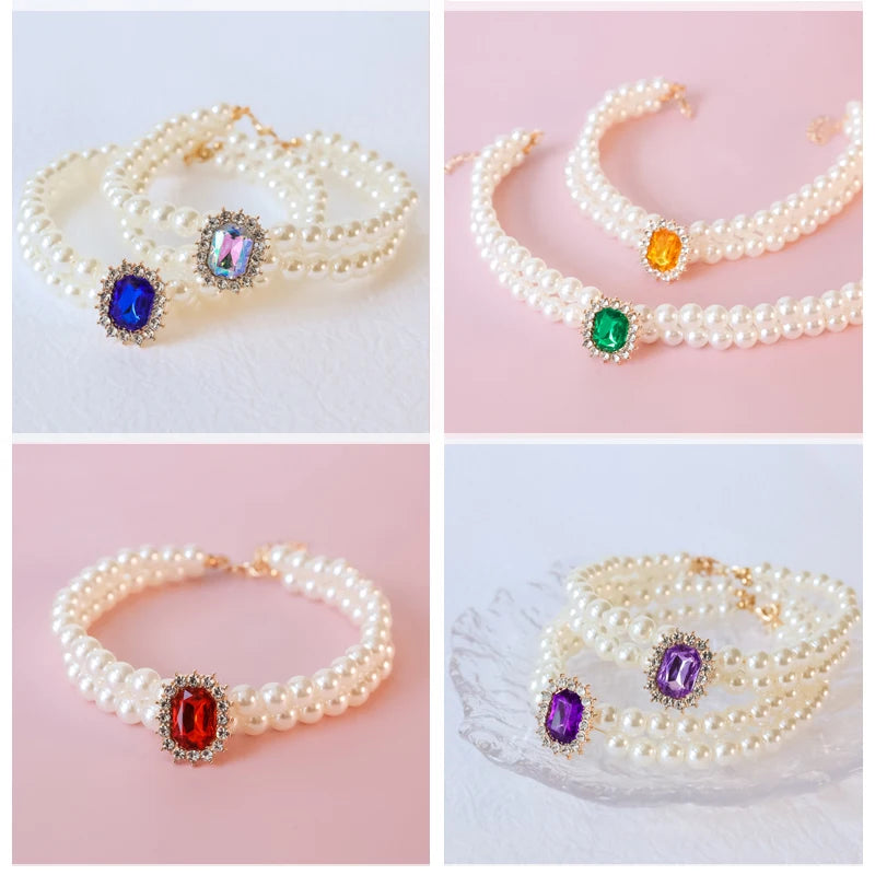 Dog Pearl Collar Necklaces Luxury Bling Rhinestones Wedding Collar Crystal Jewelry for Dogs Cat Clothes Costume Pet Accessories