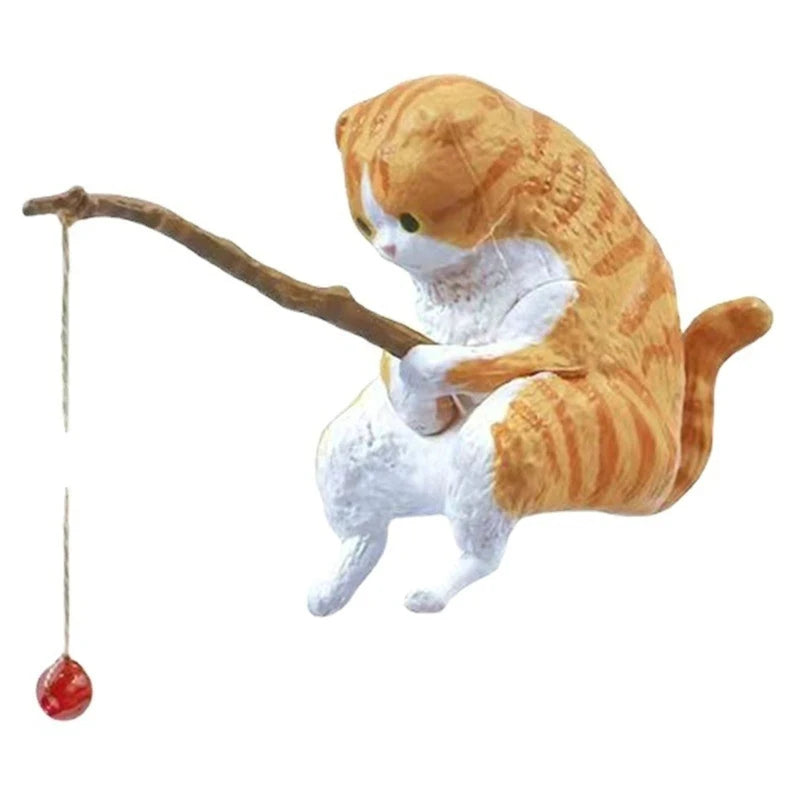 Cats Fishing Figurine Cat Sculpture Sitting Fishing Little Cute Cat Resin Ornament Decorative Furnishings For Aquarium Home