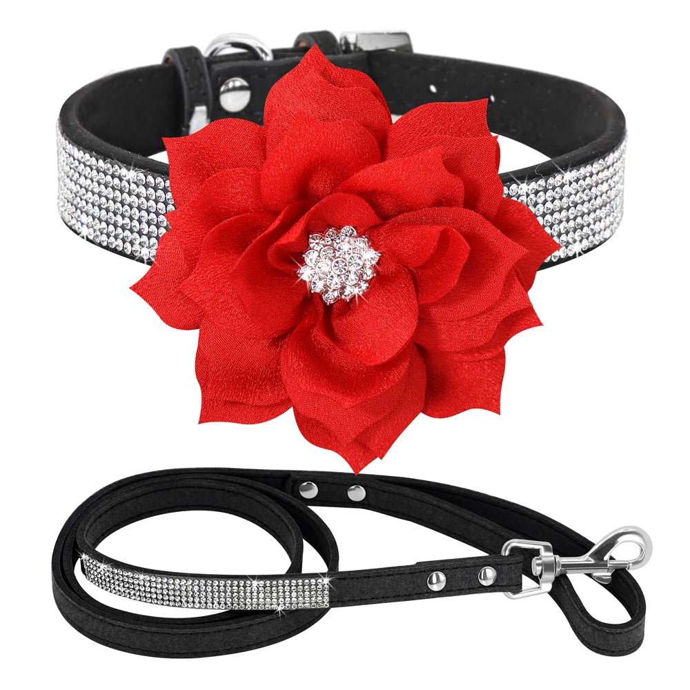 Glitter Rhinestone Dog Leather Collar Cute Floral Necklace Pet 120cm Walking Leash for Small Medium Large Dogs Chihuahua XS-L