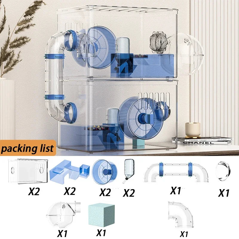 2 Level Hamster Cages Big Size Set Large Hamsters Cages Transparent House with Wheel Tunnels Hamsters Villa Bathroom Pet Product