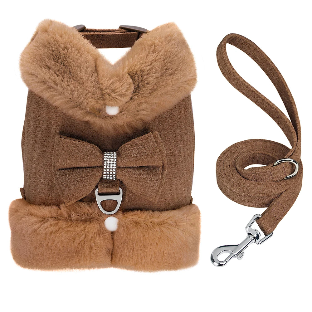 Warm Fur Puppy Dog Harness Leash Cute Bowknot Dogs Cat Harnesses Padded Pet Vest With Matching Lead Rope For Dogs Cats Winter