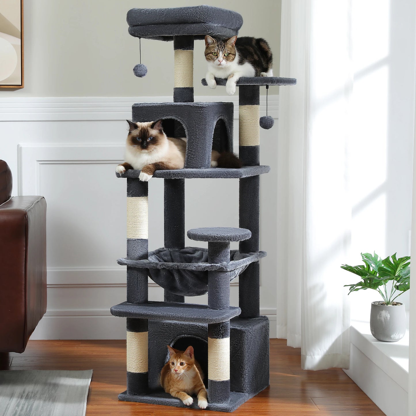 6-levels Cat Tree Tower with Joyful Pompom,Cozy Hammock,Double Condos,2 Top Perches,5 Scratching Posts Perfect for Indoor Cats