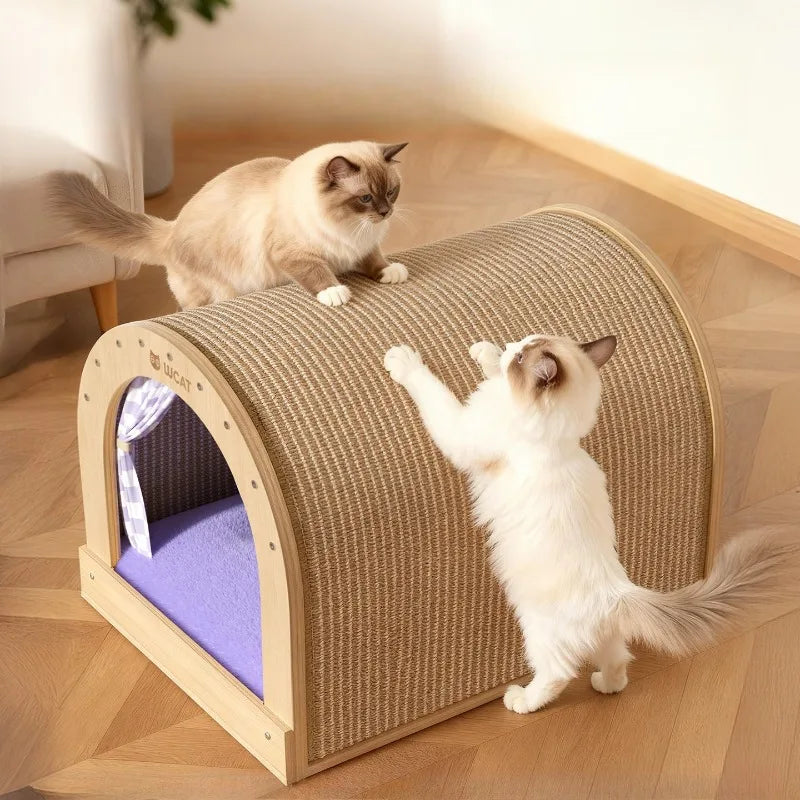 Sisal Curved Closed Cat House With Curtain All Seasons Scratcher Claw Grinding Comfortable Nest For Adult And Young Cats Daily