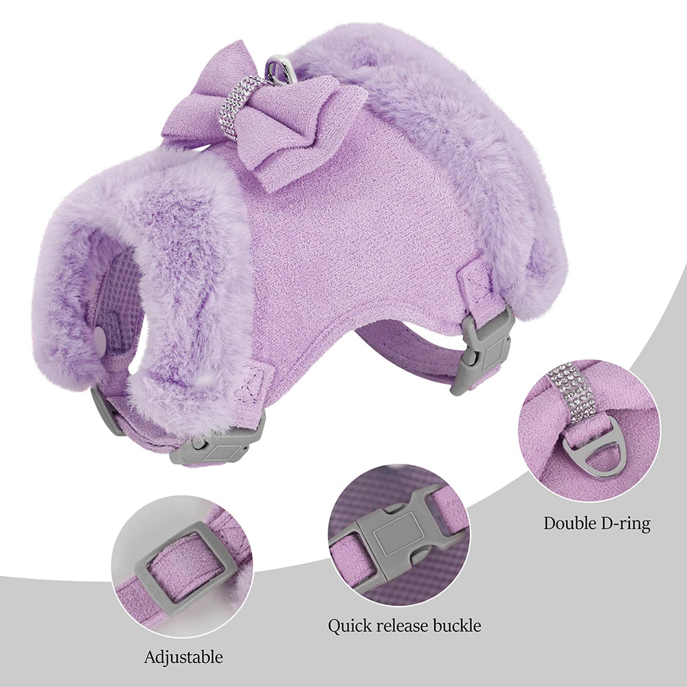 Warm Fur Puppy Dog Harness Leash Cute Bowknot Dogs Cat Harnesses Padded Pet Vest With Matching Lead Rope For Dogs Cats Winter
