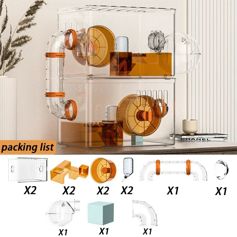 2 Level Hamster Cages Big Size Set Large Hamsters Cages Transparent House with Wheel Tunnels Hamsters Villa Bathroom Pet Product